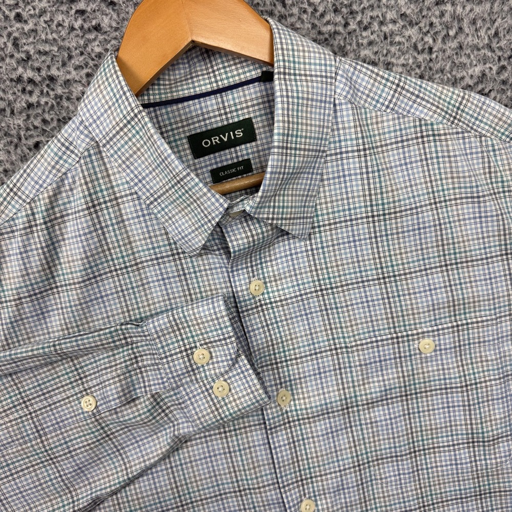 Orvis Shirt Mens Large Blue Green Plaid Button Down Performance Stretch L/S L